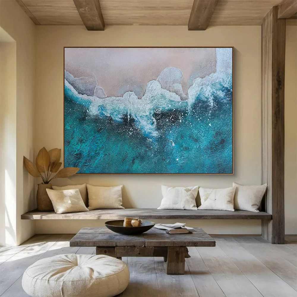 Turquoise Hand-painted Coastal Textured Abstract Artwork 7SOD9